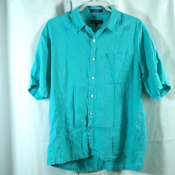 Alan Flusser Mens Medium Blue Button Down Up Linen Short Sleeve Shirt - Picture 1 of 6